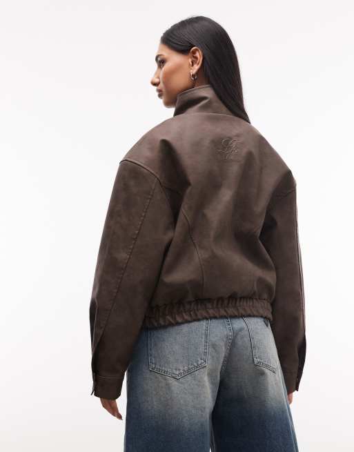 Liquor N Poker boxy textured funnel neck jacket in brown, 4 of 4