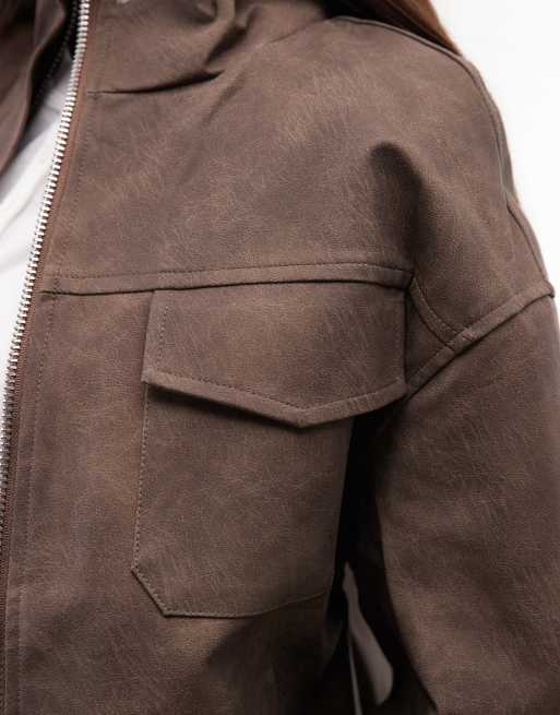 Liquor N Poker boxy textured funnel neck jacket in brown, 2 of 4