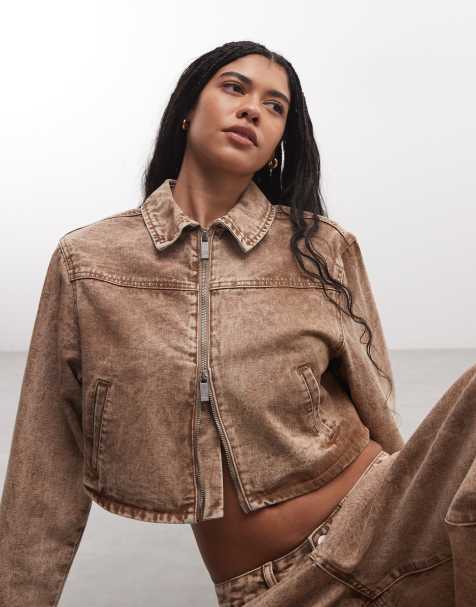 Liquor N Poker boxy zip through denim jacket co-ord in stone - view 1