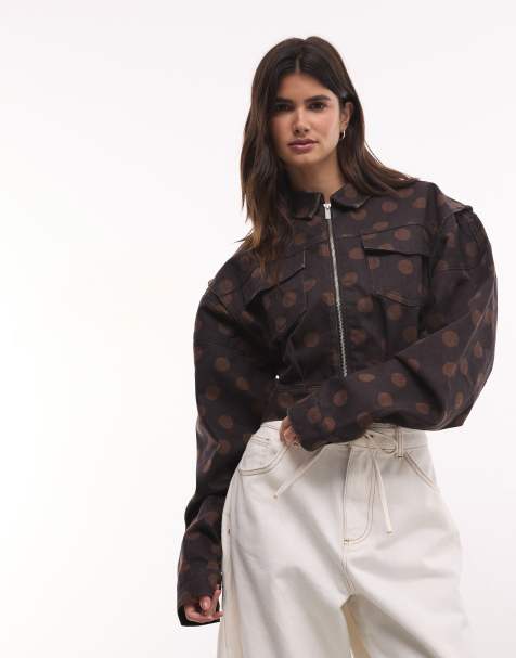 Liquor N Poker boxy zip through denim jacket in chocolate polka dot - view 1