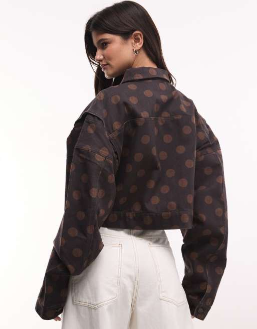 Liquor N Poker boxy zip through denim jacket in chocolate polka dot, 3 of 4