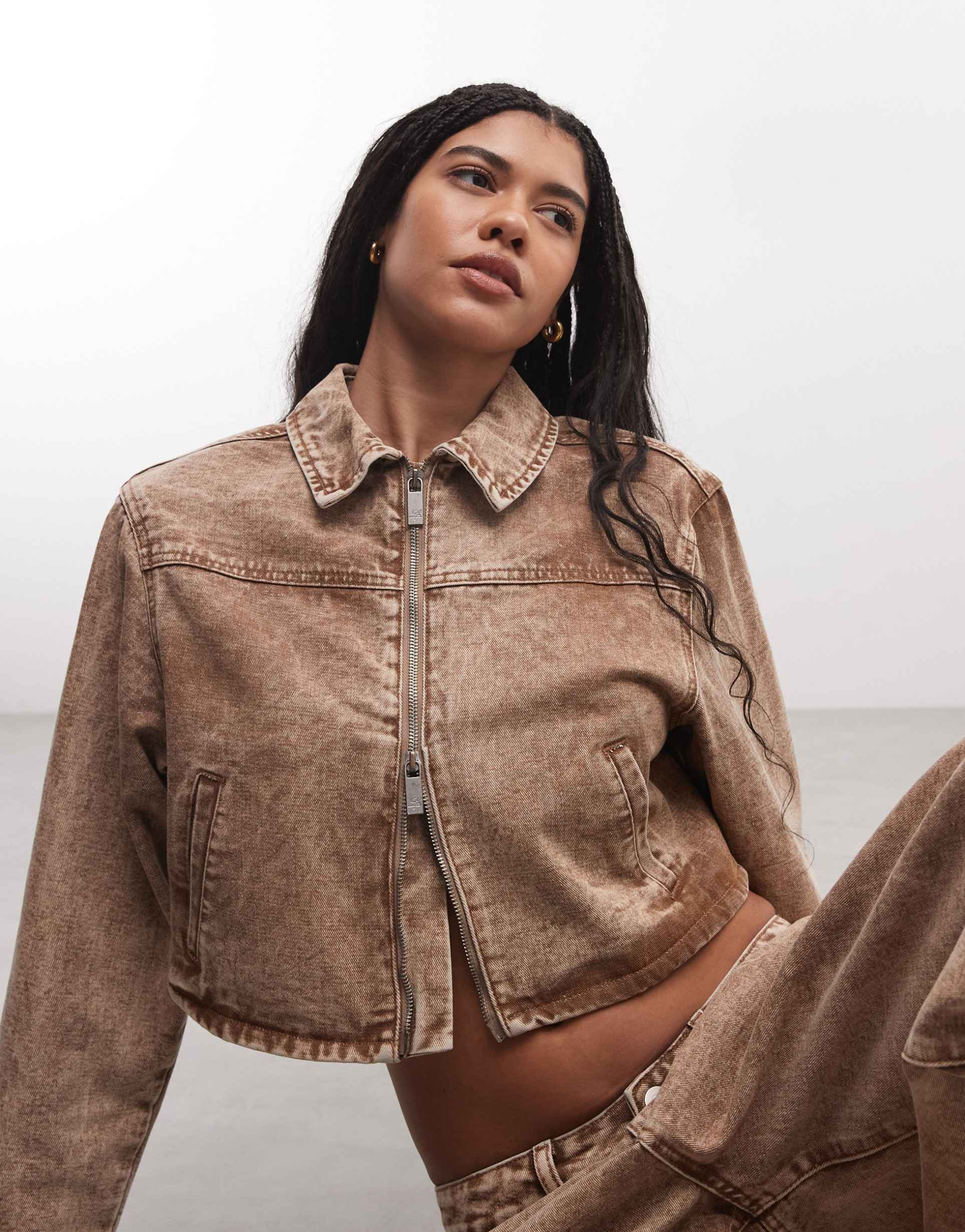 liquor n poker boxy zip up denim jacket in stone - part of a set