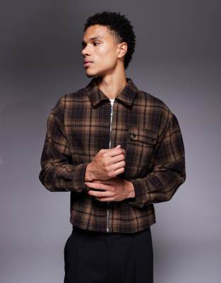 Liquor N Poker boxy zip up shirt in brown plaid | ASOS