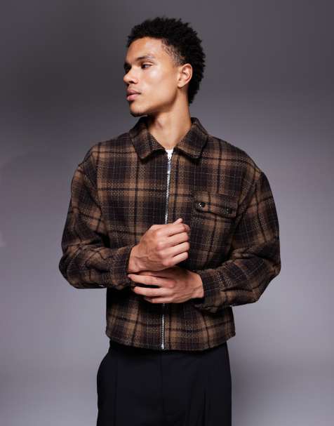 Liquor N Poker boxy zip up shirt in brown plaid - view 1