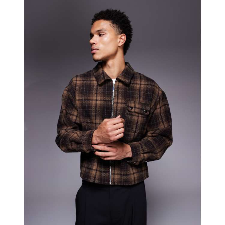 Liquor N Poker boxy zip up shirt in brown plaid | ASOS