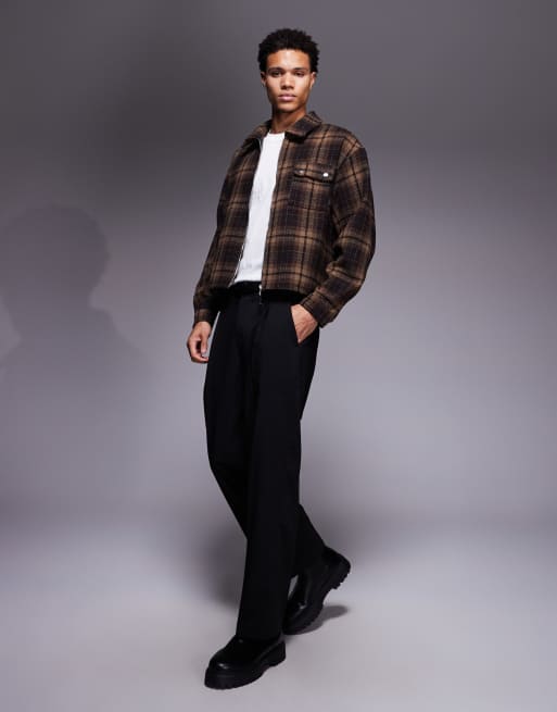 Liquor N Poker boxy zip up shirt in brown plaid | ASOS