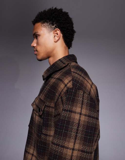 Liquor N Poker boxy zip up shirt in brown plaid | ASOS