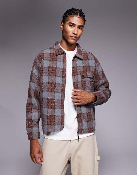 Liquor N Poker cropped flannel long sleeve shirt with zip through in tonal brown check
