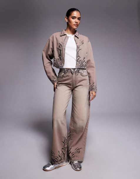 Liquor N Poker - Brunt denimsæt med oversized jakke i firkantet pasform og jeans med zebraprint - view 1