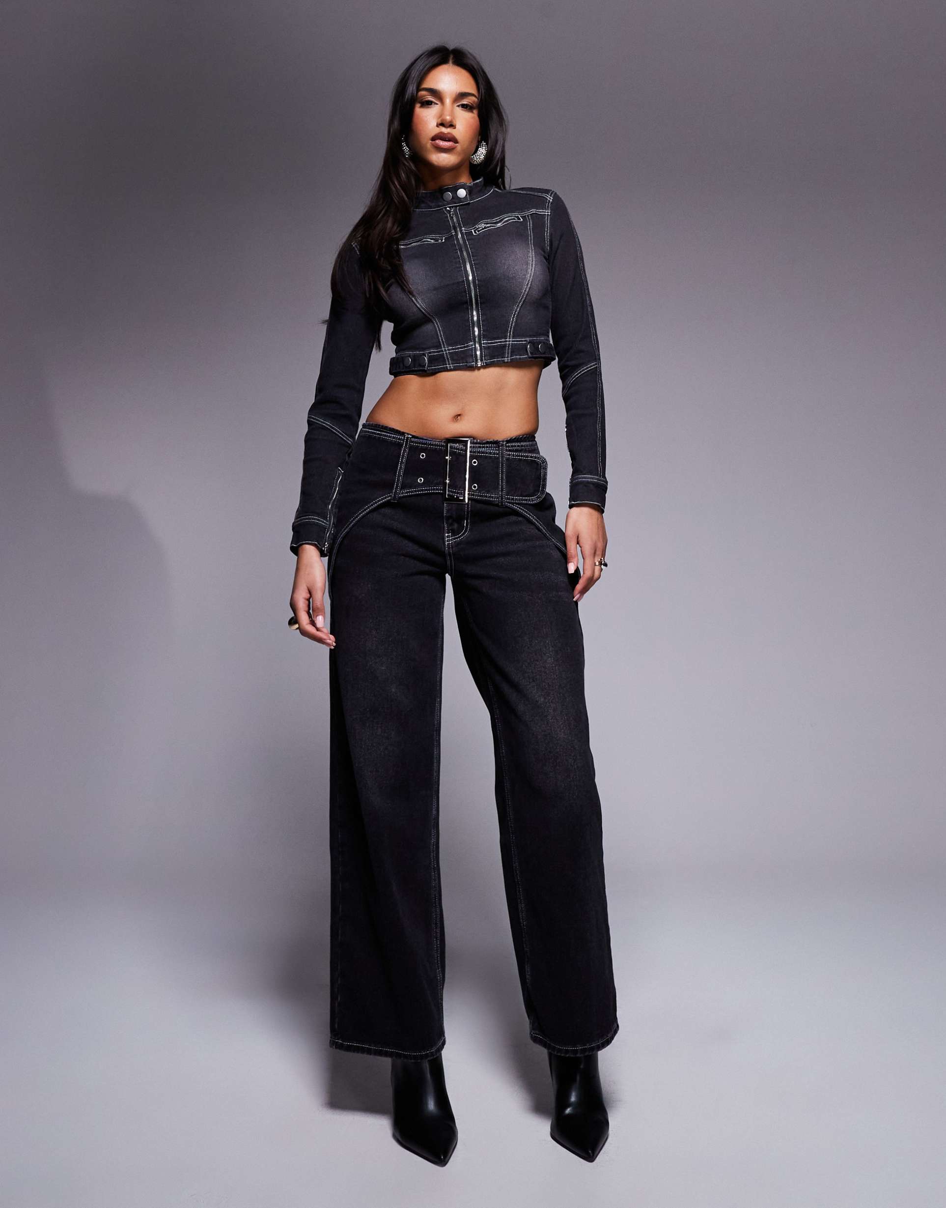 liquor n poker buckle detail baggy jeans with contrast stitch detail in washed black