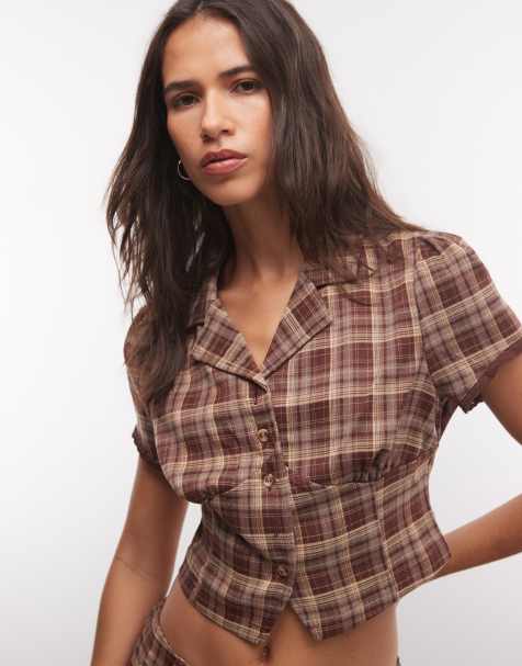 Liquor N Poker button up tailored cropped shirt co-ord in burgundy check - view 1
