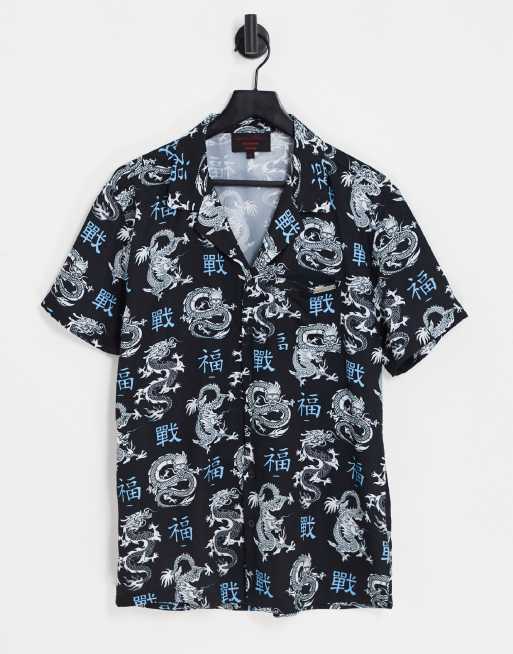 Liquor N Poker - Camicia con colletto con rever nera con stampa giapponese di dragoni