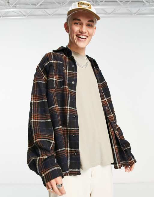Liquor N Poker - Camicia oversize a maniche lunghe blu navy e arancione a quadri