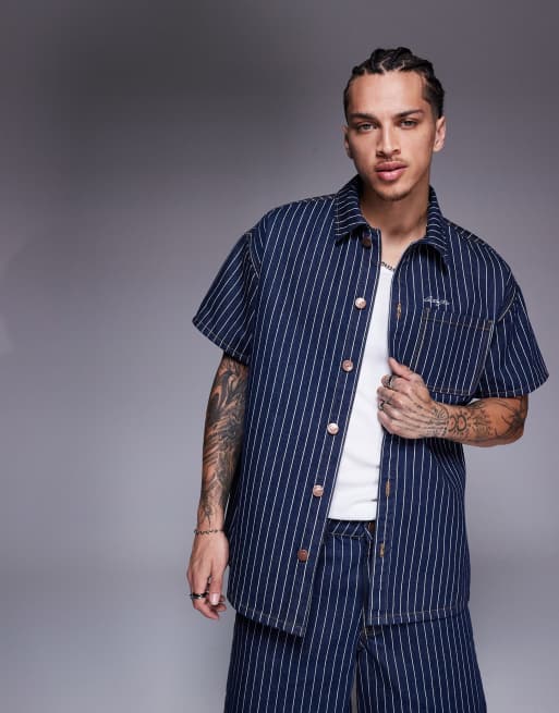 Liquor N Poker - Camicia oversize in denim gessato color denim scuro 