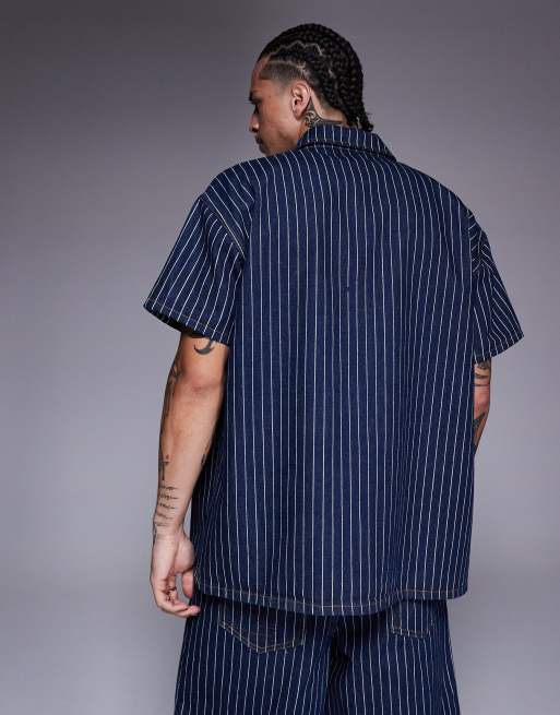 Liquor N Poker - Camicia oversize in denim gessato color denim scuro , 3 di 4