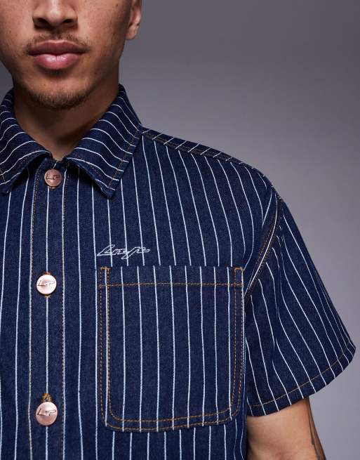 Liquor N Poker - Camicia oversize in denim gessato color denim scuro , 4 di 4