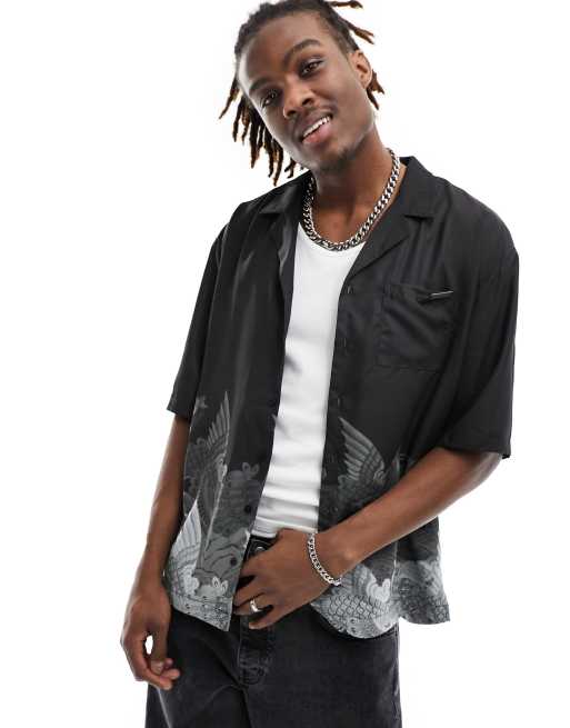 Liquor N Poker - Camicia oversize squadrata nera con stampa di passeri 