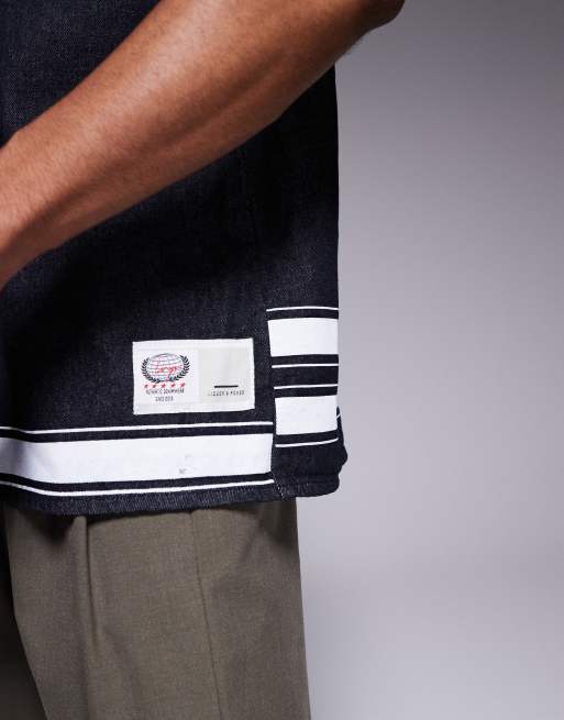 Liquor N Poker - Camicia oversize stile college in denim grezzo, 3 di 4