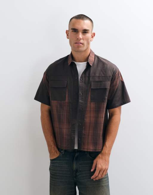 Liquor N Poker - camisa de manga corta patchwork marrón con paneles, 5 de 5