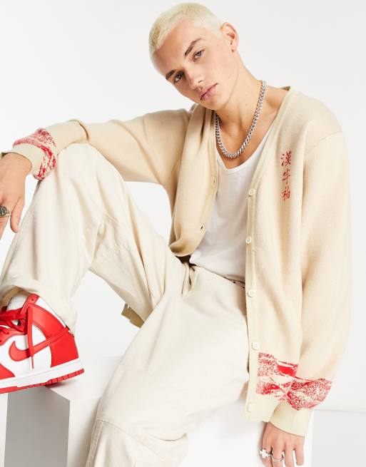 Liquor N Poker - Cardigan in maglia bianco sporco con stampa di paesaggio