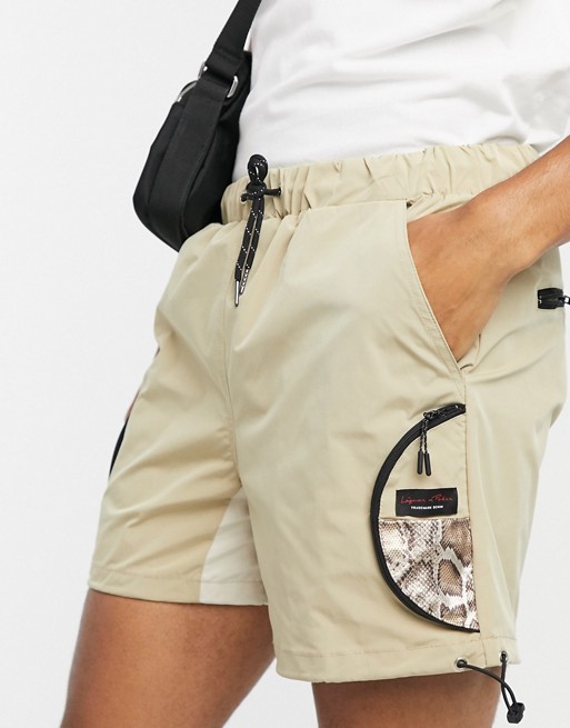 Liquor N Poker cargo shorts with panel inserts in stone