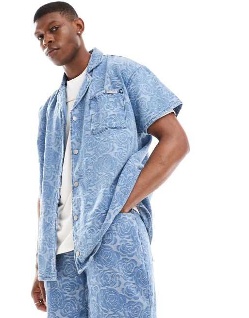 Liquor N Poker - Chemise d'ensemble avec col à revers en jacquard fleuri - Bleu