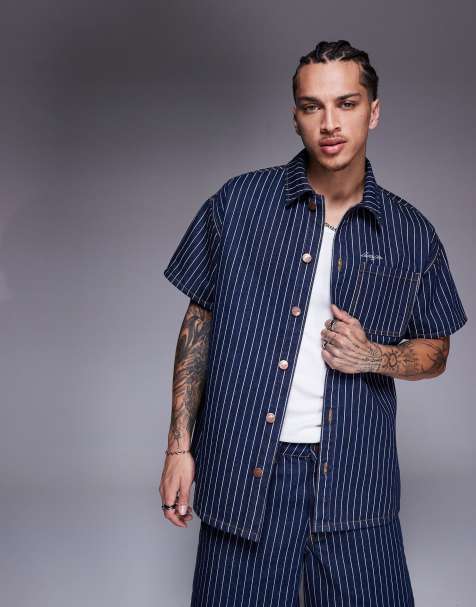 Liquor N Poker oversized pinstripe denim shirt in dark denim 