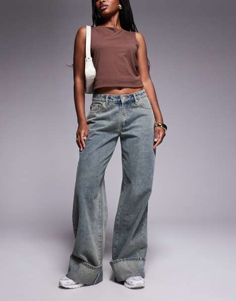Liquor N Poker cinch midrise turn up baggy denim jean in acid wash blue - view 1