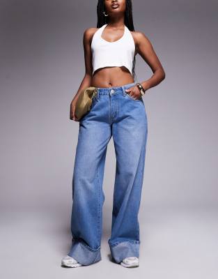 Liquor N Poker Liquor N Poker cinch midrise turn up baggy denim jean in midwash blue