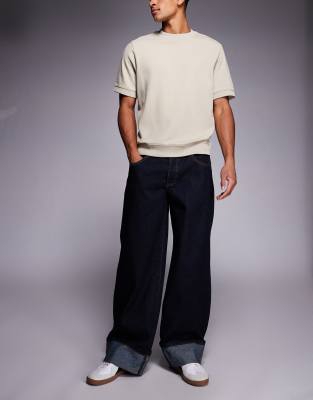 Liquor N Poker Liquor N Poker cinch midrise turn up baggy denim jean with contrast stiching in darkwash blue