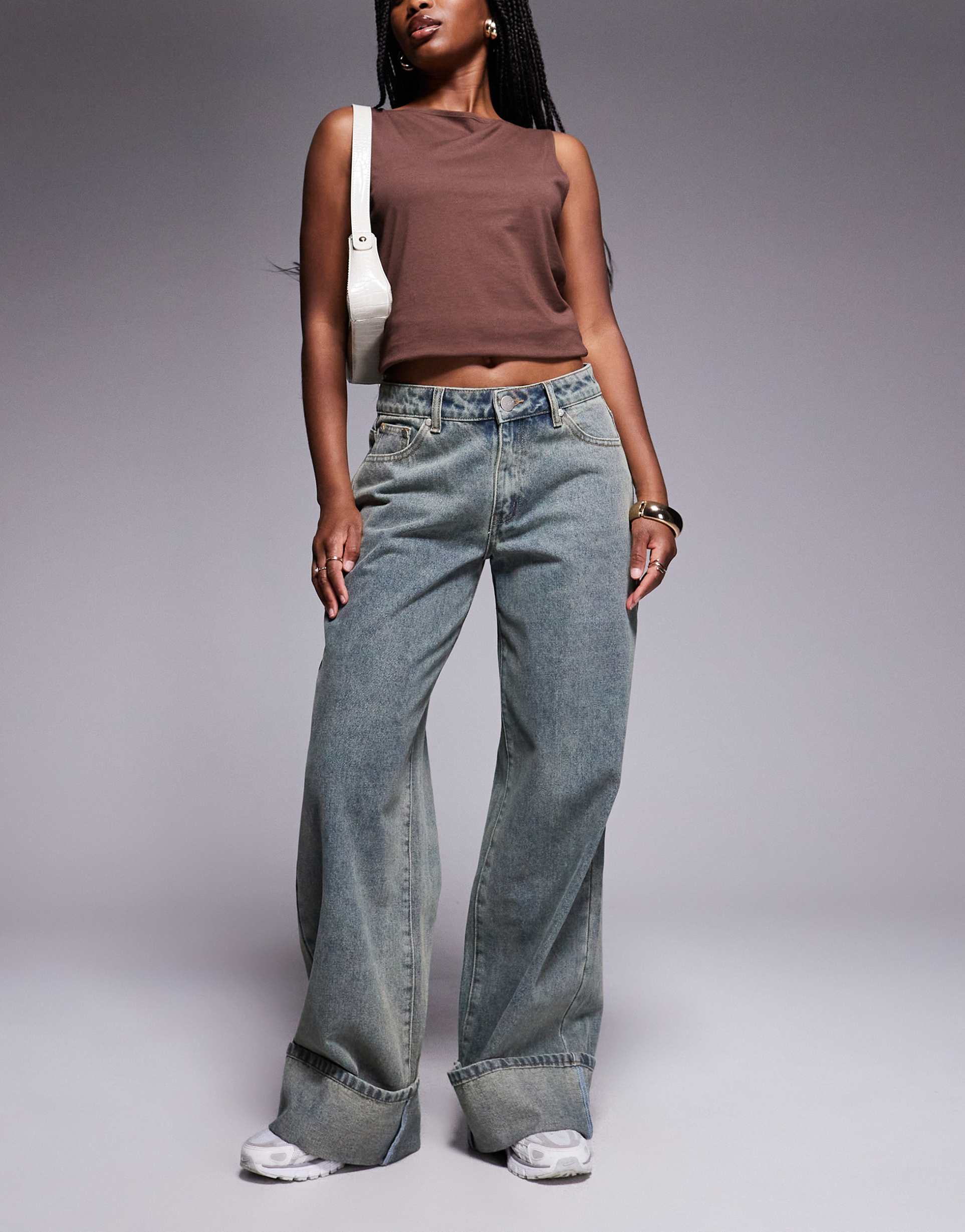 liquor n poker cinch midrise turn up baggy denim jeans in acid wash blue