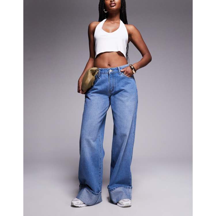 Liquor N Poker cinch midrise turn up baggy denim jeans in midwash
