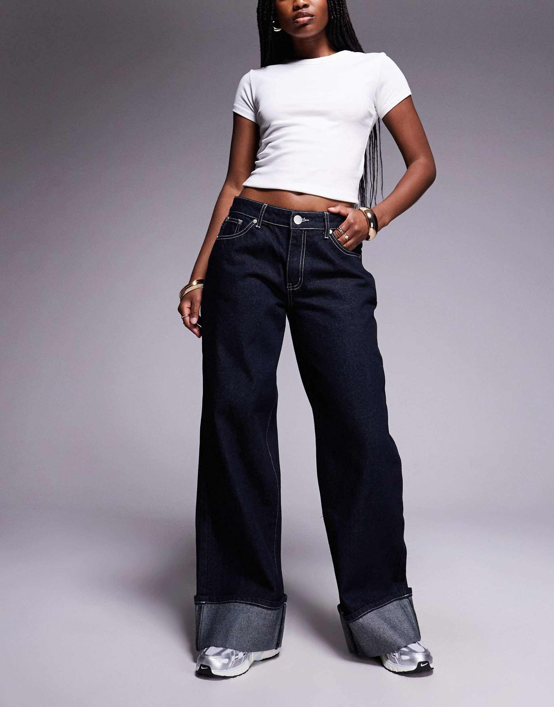 liquor n poker cinch midrise turn up baggy denim jeans with contrast stiching in darkwash blue