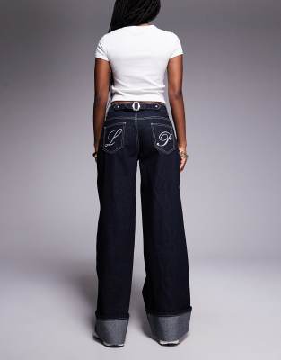 Liquor N Poker Cinch Midrise Turn Up Baggy Denim Jeans With Contrast Stiching