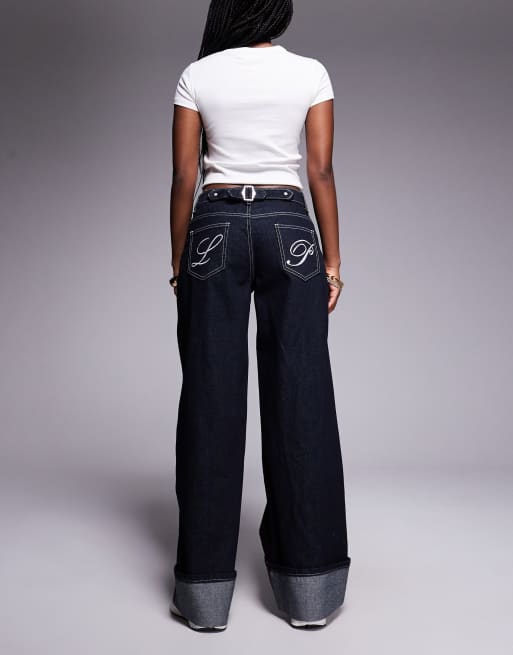 Liquor N Poker cinch midrise turn up baggy denim jeans with contrast stiching in darkwash blue