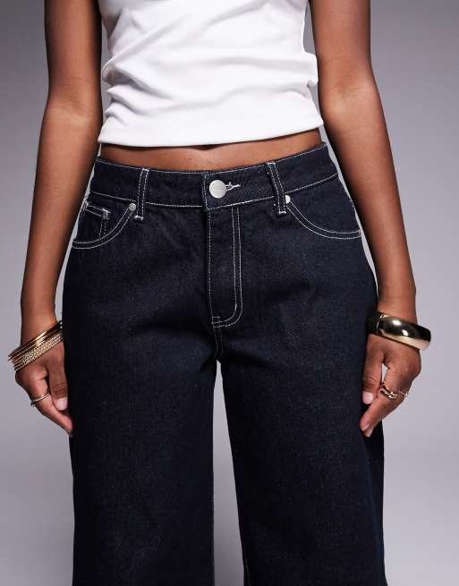 Liquor N Poker cinch midrise turn up baggy denim jeans with contrast stiching in darkwash blue