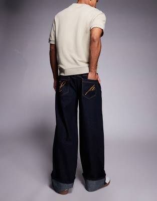 Liquor N Poker Cinch Midrise Turn Up Baggy Denim Jeans With Contrast Stiching In Blue