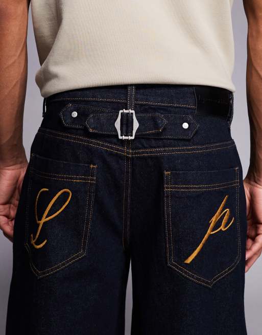 Liquor N Poker cinch midrise turn up baggy denim jeans with contrast stiching in darkwash blue