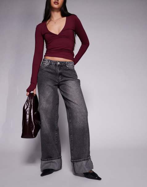 Liquor N Poker cinch midrise turn up baggy denim jeans with contrast stiching in darkwash grey
