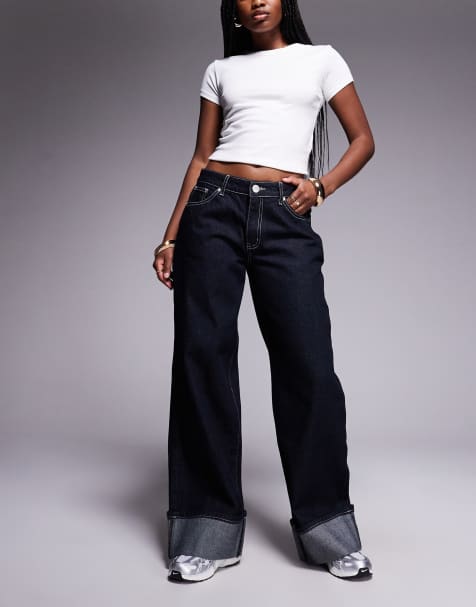 Liquor N Poker cinch midrise turn-up baggy denim jeans with contrast stitching in darkwash blue - view 1