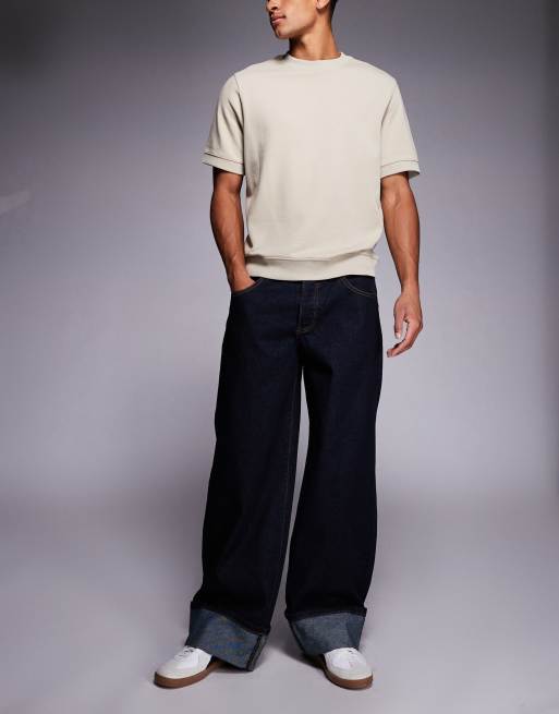 Liquor N Poker cinch midrise turn-up baggy denim jeans with contrast stitching in darkwash blue