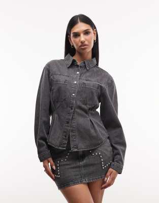Liquor N Poker Cinch Waist Denim Peplum Shirt In Blue