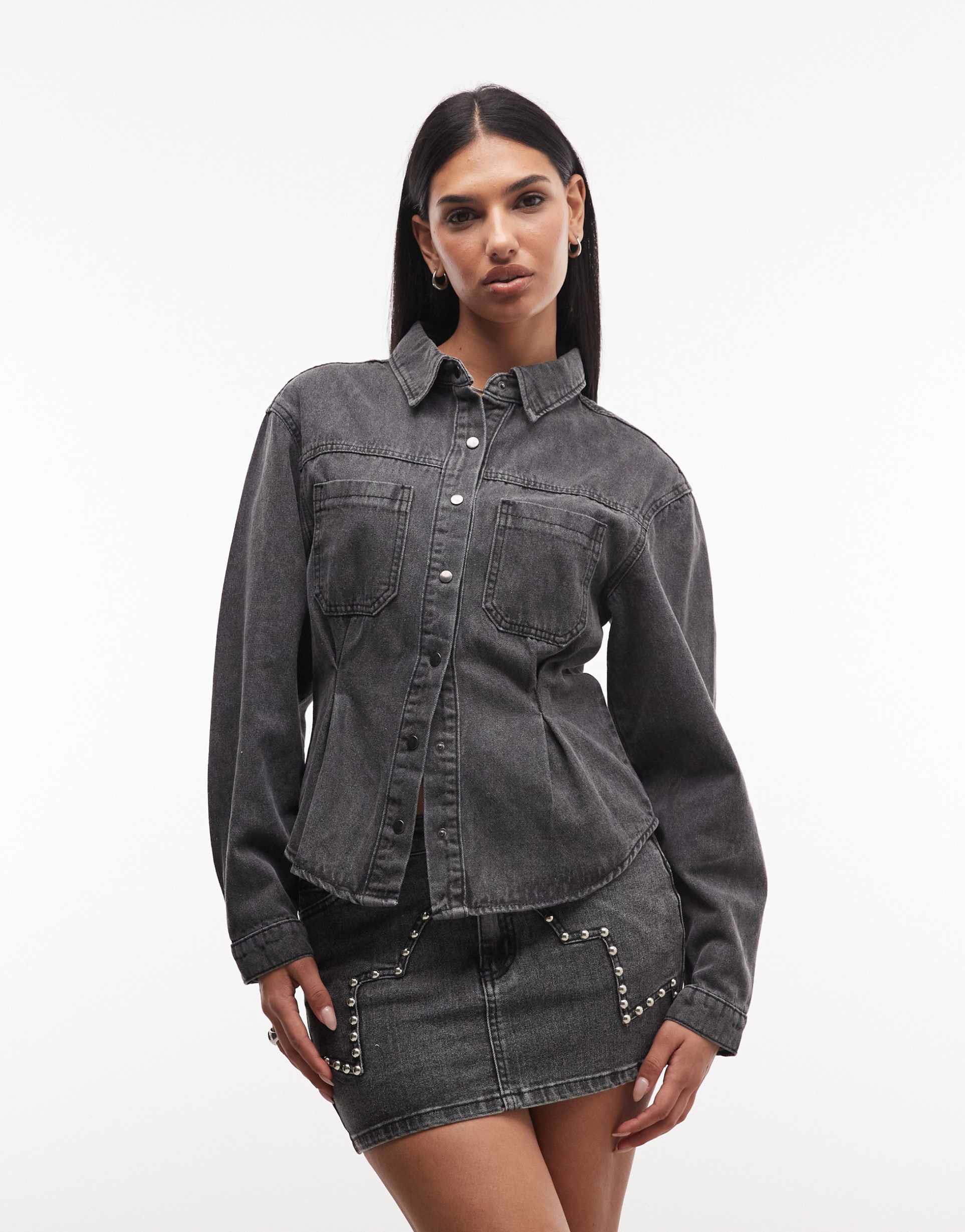liquor n poker cinch waist denim peplum shirt in washed black