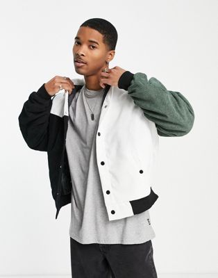 Liquor N Poker co-ord bomber jacket in black and sage spliced cord
