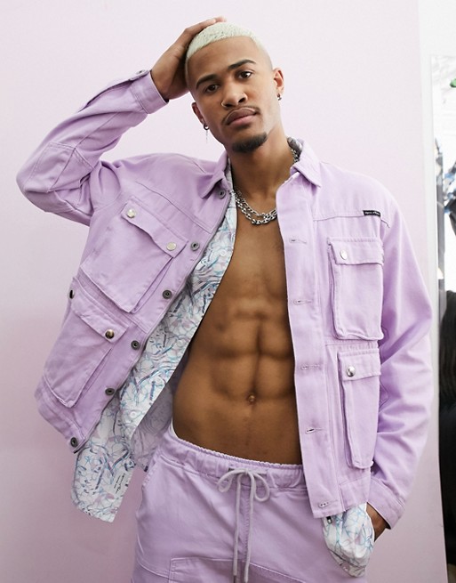 Liquor N Poker co-ord cargo overshirt with pockets in lilac