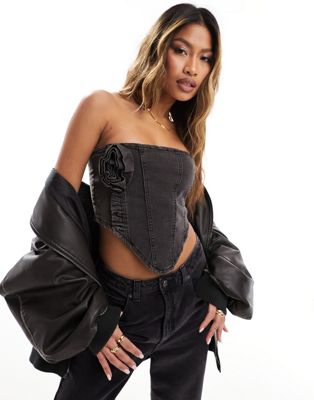 Liquor N Poker co-ord denim corset with rose corsage in washed black