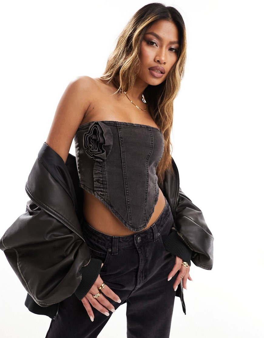 Liquor N Poker co-ord denim corset with rose corsage in washed black
