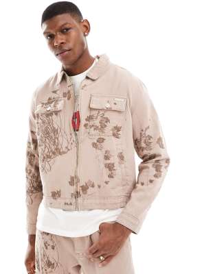 Liquor N Poker Liquor N Poker co-ord floral twill jacket in brown twill
