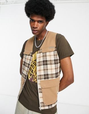 Liquor N Poker co-ord gilet in brown check and utility pockets