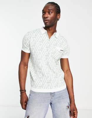 Liquor N Poker co-ord jersey polo in sage green with jacquard print